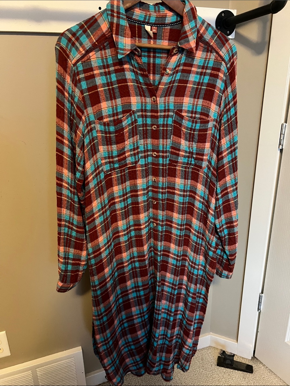 ANTHROPOLOGIE Pilcro Long Plaid Button-Up Shirt Dress/Tunic in Burgundy and Teal